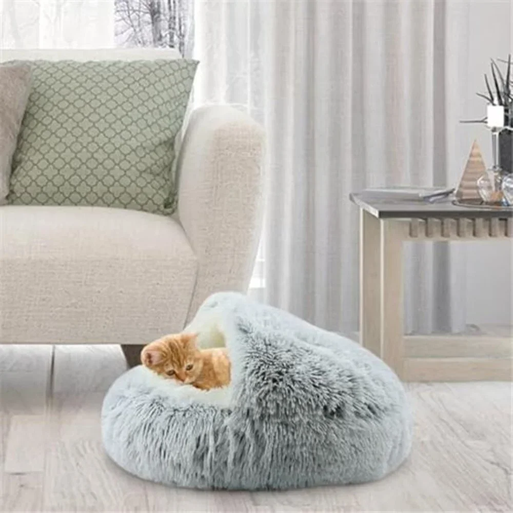 Calming Cat Bed Plush Cat Cave Anti Anxiety Pet Bed Round Cat Nest Small Dog Bed